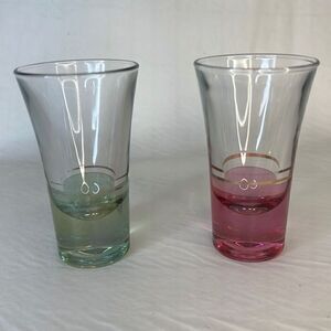 Shot Glasses Set Two Gold Gilt 1 Cranberry Red  1 Green 3 1/2 In Tall 2 In Round